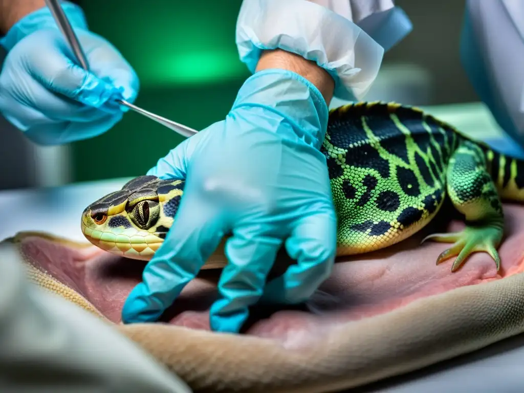 Veterinario tratando absceso en reptil, destreza quirúrgica y cuidado meticuloso en un ambiente clínico