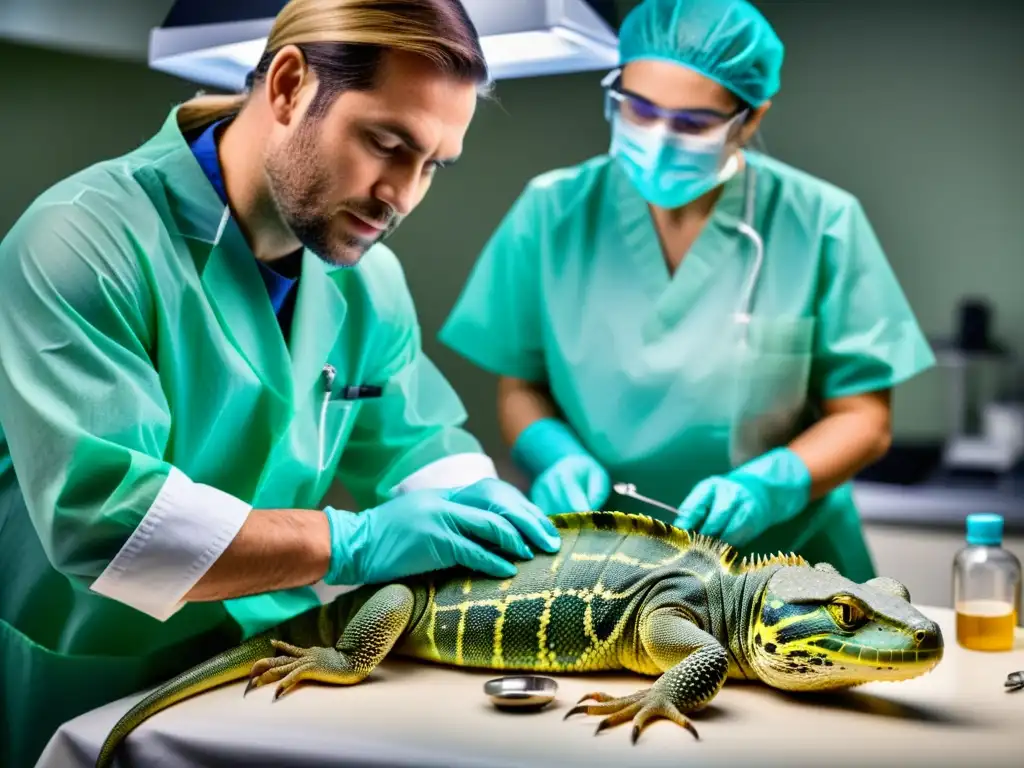 Un veterinario realiza una amputación en un reptil con precisión y cuidado, destacando la atención y destreza requeridas