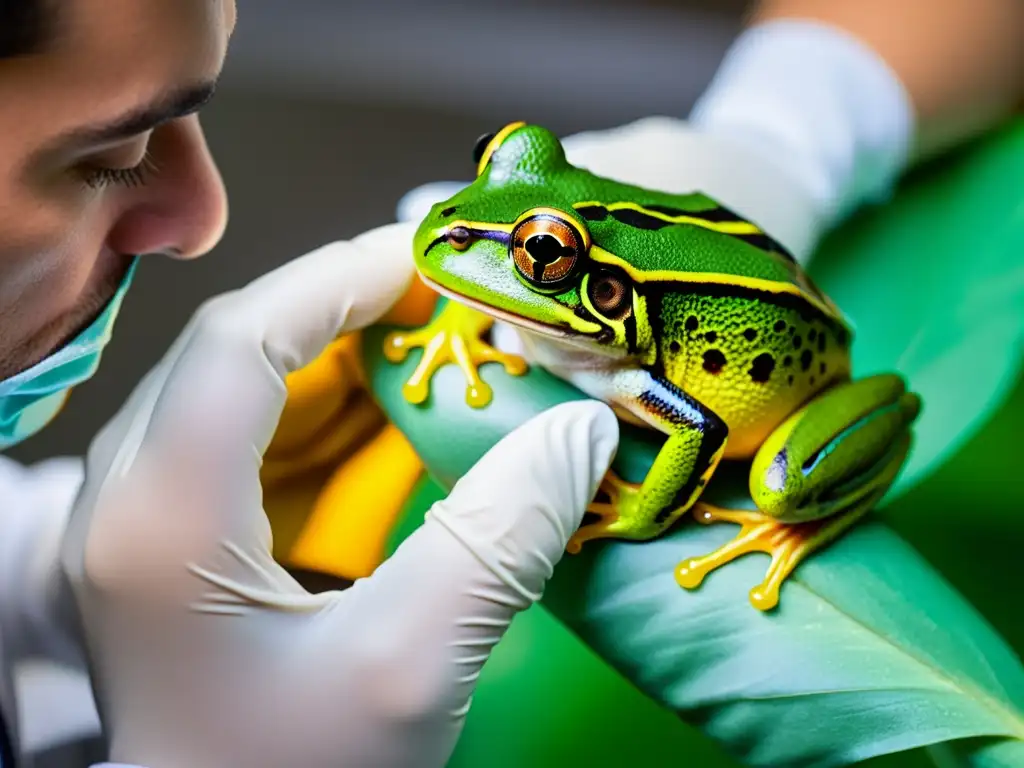 Un veterinario administra cuidadosamente anestesia a una colorida rana