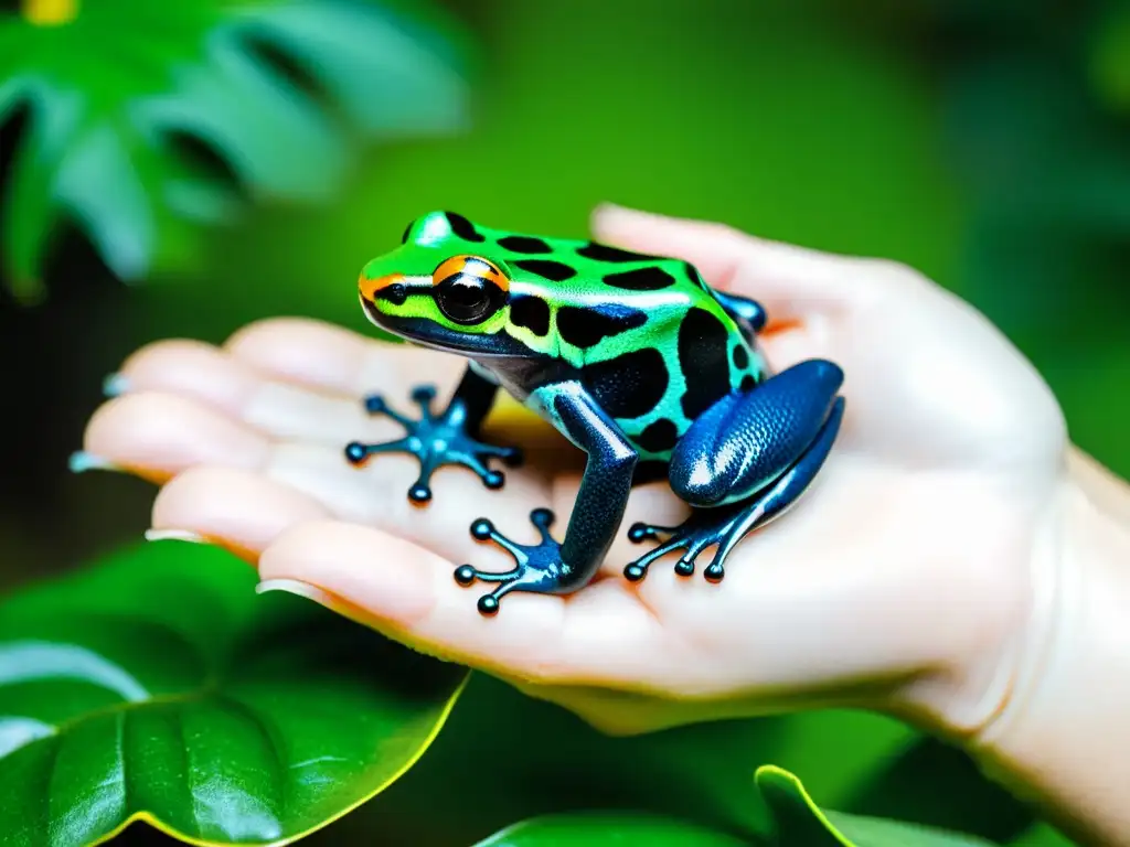 Un veterinario administra anestesia a una rana flecha venenosa en una hoja verde brillante