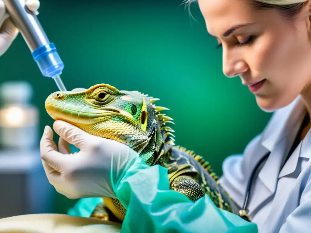 Un veterinario aplica cuidadosamente anestesia a un reptil, resaltando la textura de sus escamas