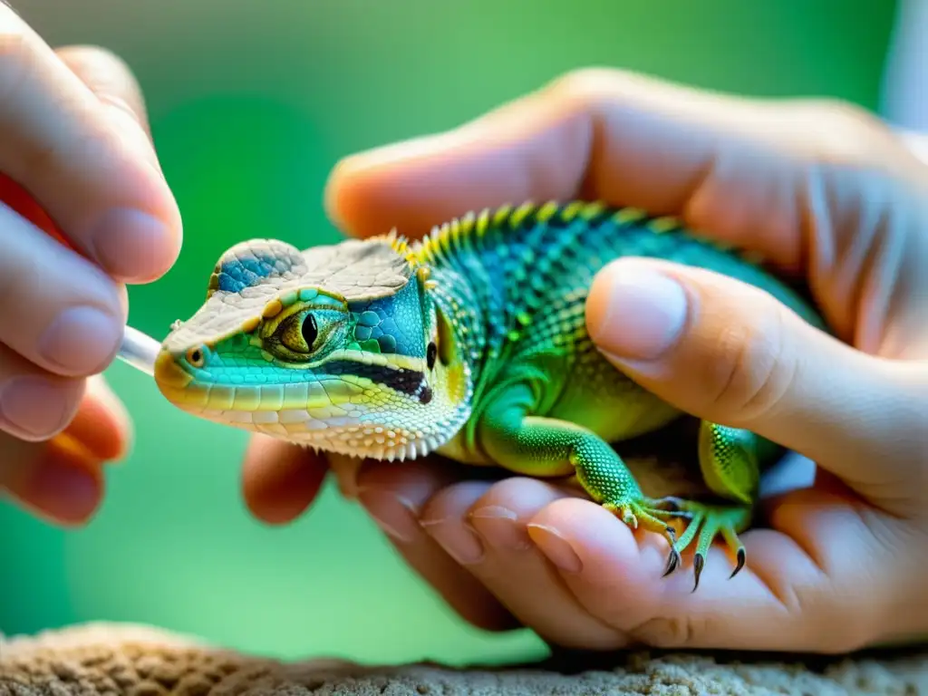 Un veterinario cuidadosamente administra antibióticos a un reptil, destacando el uso responsable de antibióticos en reptiles