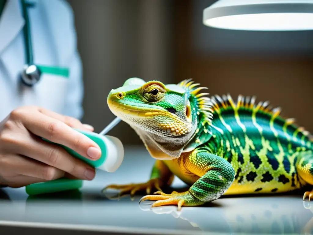 Veterinario aplica antibióticos a reptil con precisión