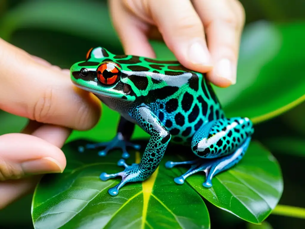 Un veterinario examina cuidadosamente la boca de una rana venenosa de colores vibrantes