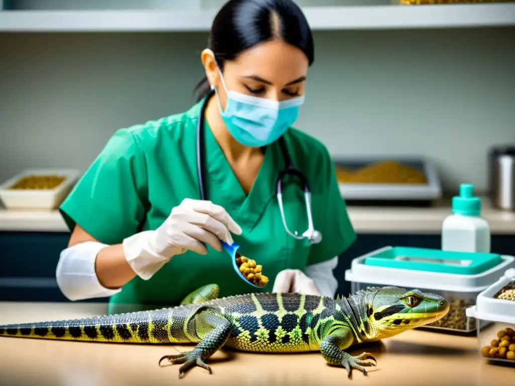 Veterinario examina boca de reptil y su dieta, rodeado de alimento y equipo de prueba de alergias