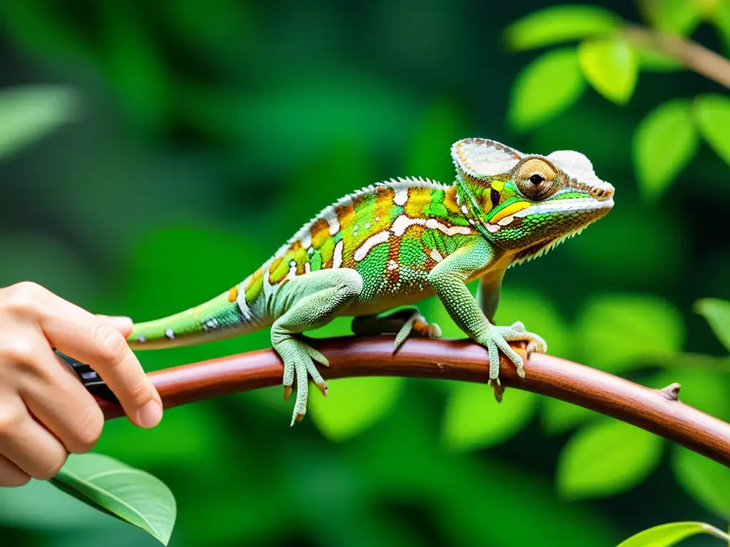 Un veterinario utiliza una cámara especializada para capturar imágenes detalladas de las escamas de un camaleón verde