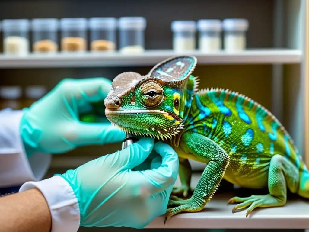 Un veterinario aplica cuidadosamente medicación a un camaleón camuflado en una clínica veterinaria bien equipada