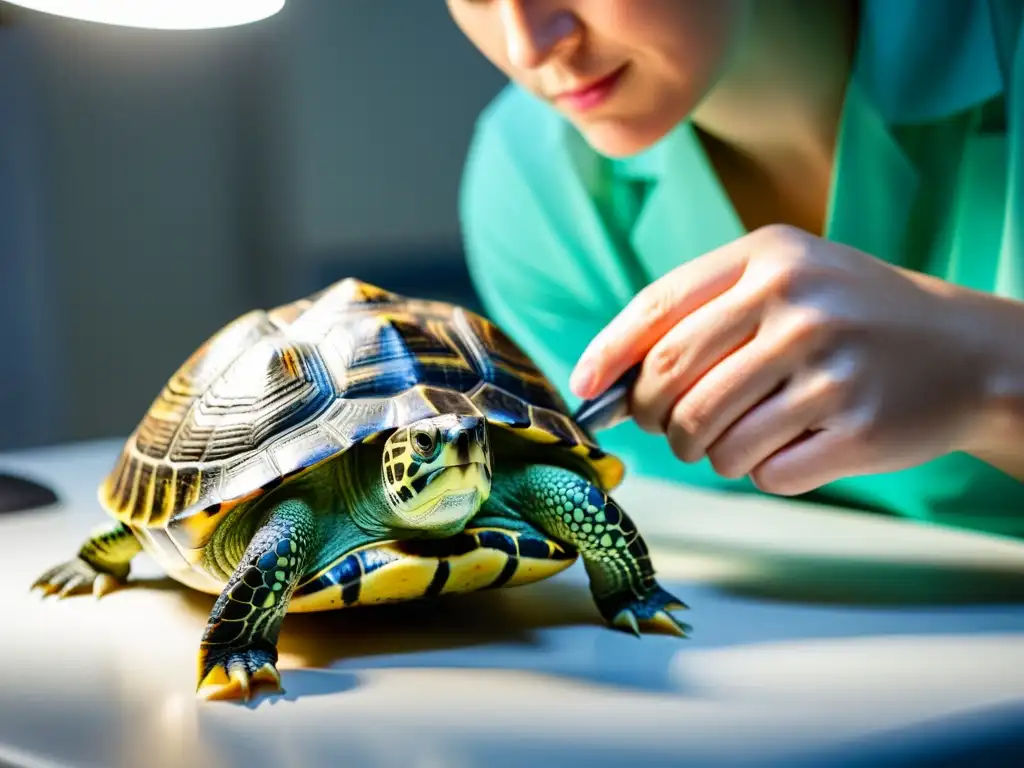 Un veterinario examina detenidamente el caparazón y la piel de una tortuga doméstica bajo una luz clínica brillante