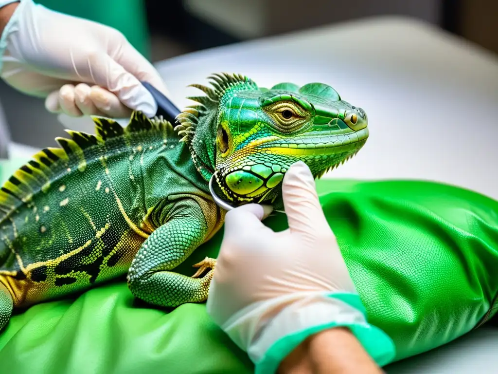 Veterinario cuidando con cariño a un iguana herida, aplicando primeros auxilios para reptiles heridos en un entorno clínico estéril