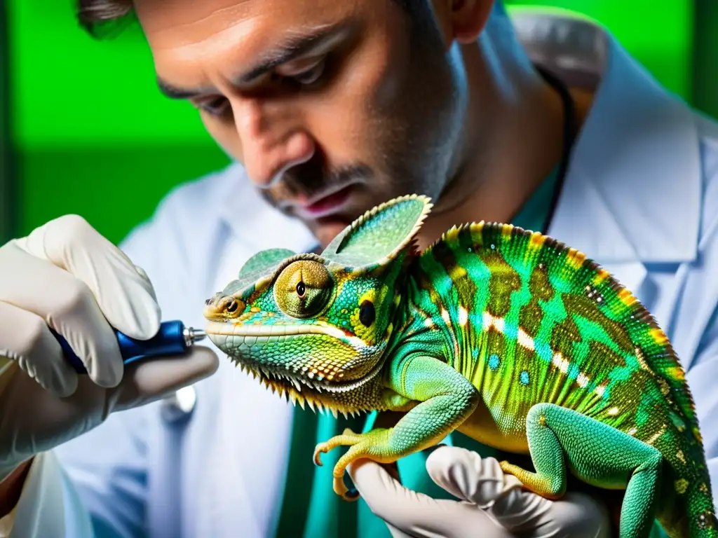 Un veterinario examina detalladamente la cavidad torácica de un camaleón verde en una clínica