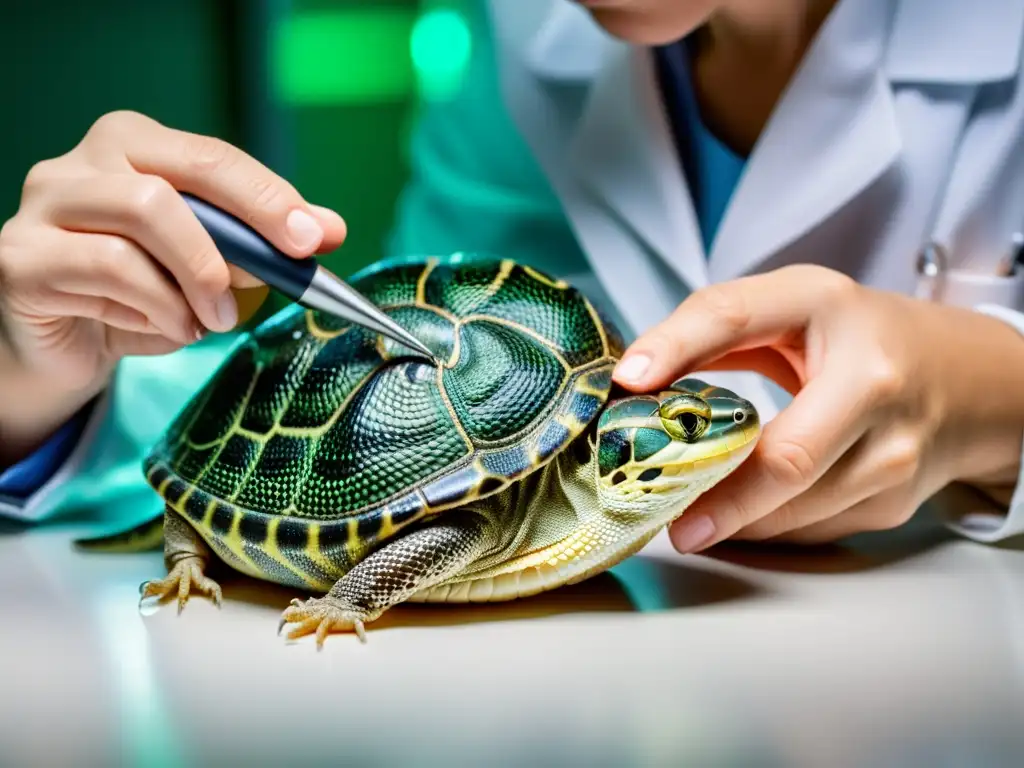 Veterinario examinando detalladamente el cerebro de un reptil, destacando el tratamiento de trastornos cerebrales en reptiles con precisión y ética