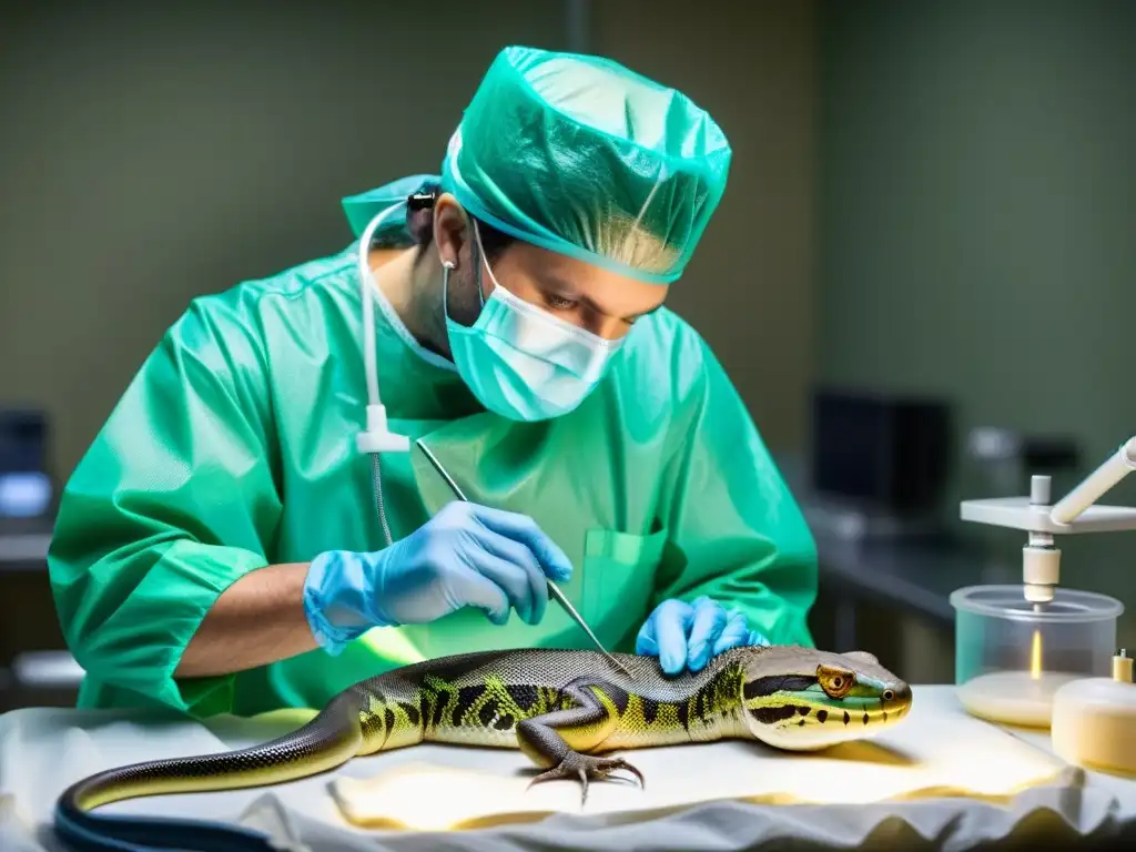 Un veterinario hábil realiza una cirugía delicada en un reptil bajo anestesia, con instrumentos precisos en un ambiente clínico brillante