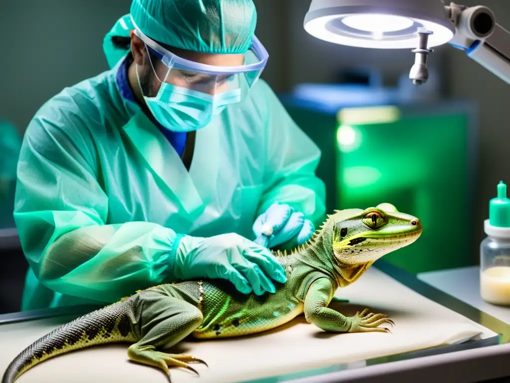 Un veterinario realiza una cirugía delicada en un reptil anestesiado, mostrando ética en cirugía reptiles anfibios