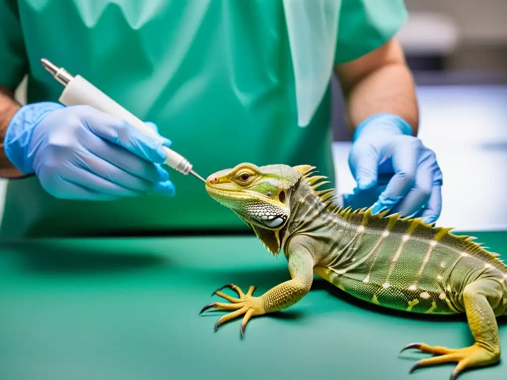 Veterinario realiza cirugía mínimamente invasiva en reptil con precisión y delicadeza, mostrando la atención experta requerida