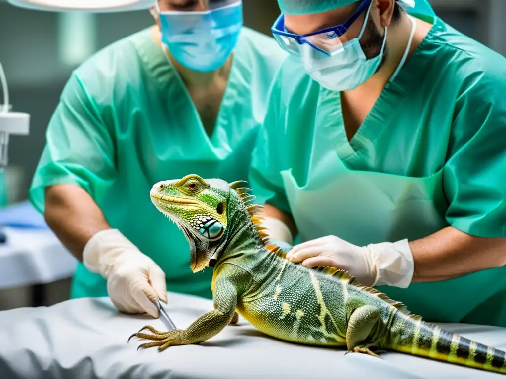 Veterinario realiza cirugía plástica en reptil con precisión y compasión, en un entorno estéril y profesional