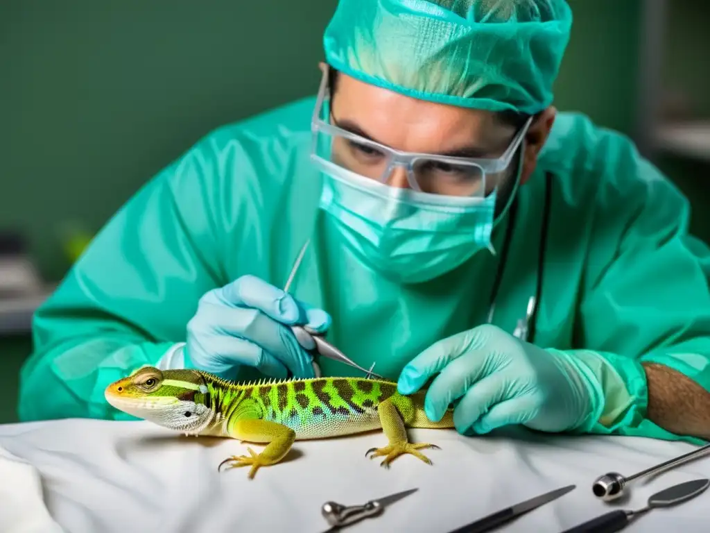 Un veterinario realiza cirugía reconstructiva en un lagarto, destacando la precisión y experticia en el proceso quirúrgico en reptiles