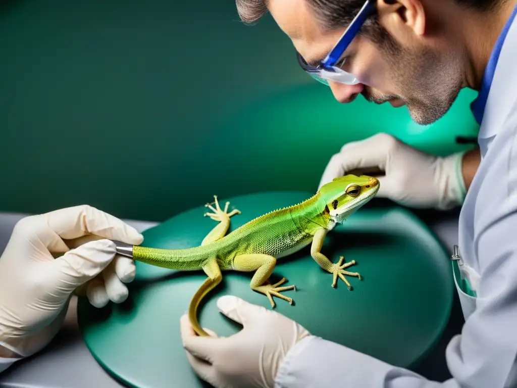 Un veterinario realiza una cirugía reconstructiva en un lagarto, mostrando cuidado y precisión en la reparación de daños por predación o accidentes