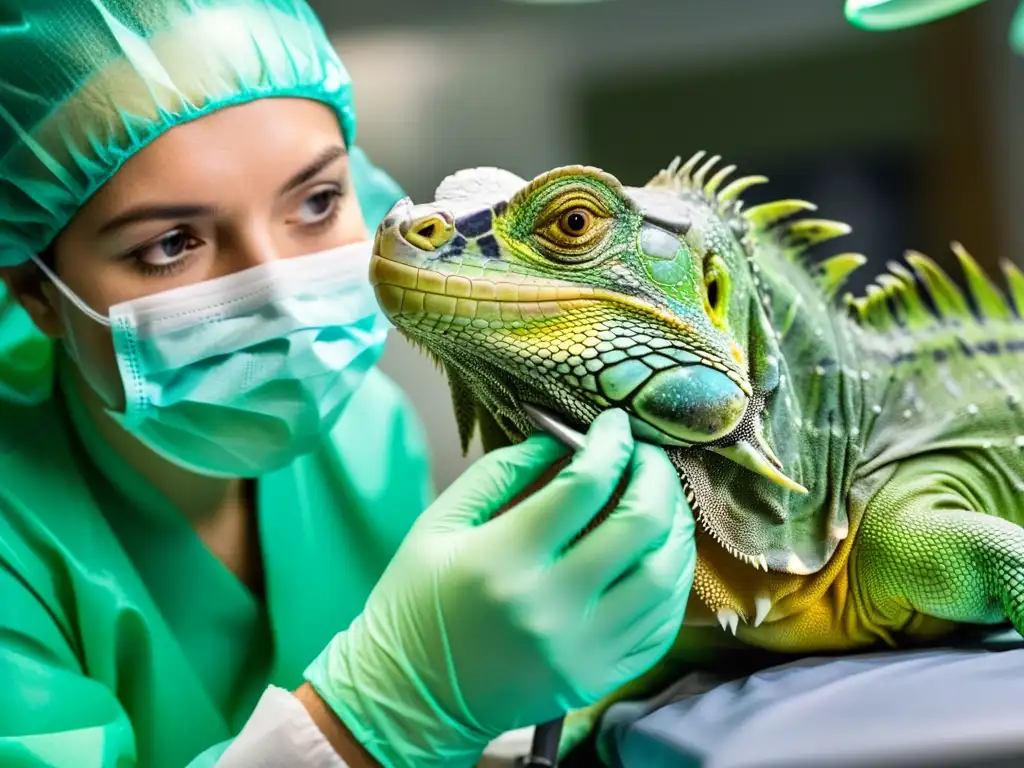 Un veterinario realiza una cirugía reconstructiva de mandíbula en un majestuoso iguana verde