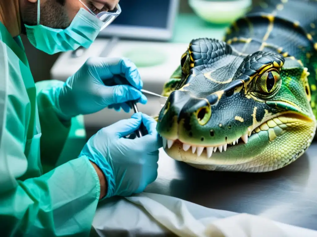 Veterinario realiza cirugía reconstructiva de mandíbula en reptil, destacando precisión y cuidado especializado del equipo médico