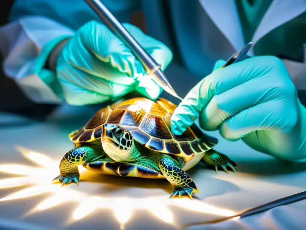 Un veterinario realiza una cirugía de reparación de caparazón en una tortuga con cuidado y precisión en un quirófano brillante