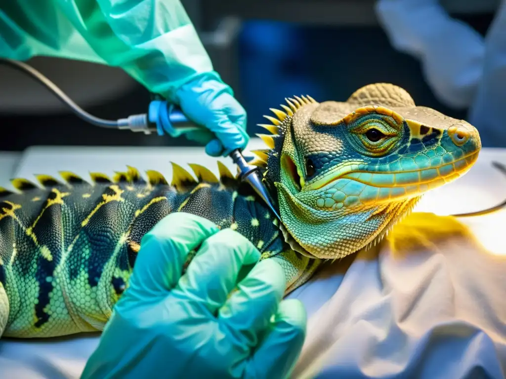 Veterinario realiza cirugía de reparación de hernias en reptiles con precisión y cuidado bajo intensas luces quirúrgicas