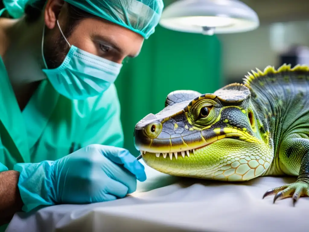 Intervención quirúrgica crucial en especie reptil en peligro Veterinario realiza cirugía en conservación de reptiles con precisión y dedicación, rodeado de equipo enfocado en salvar especies