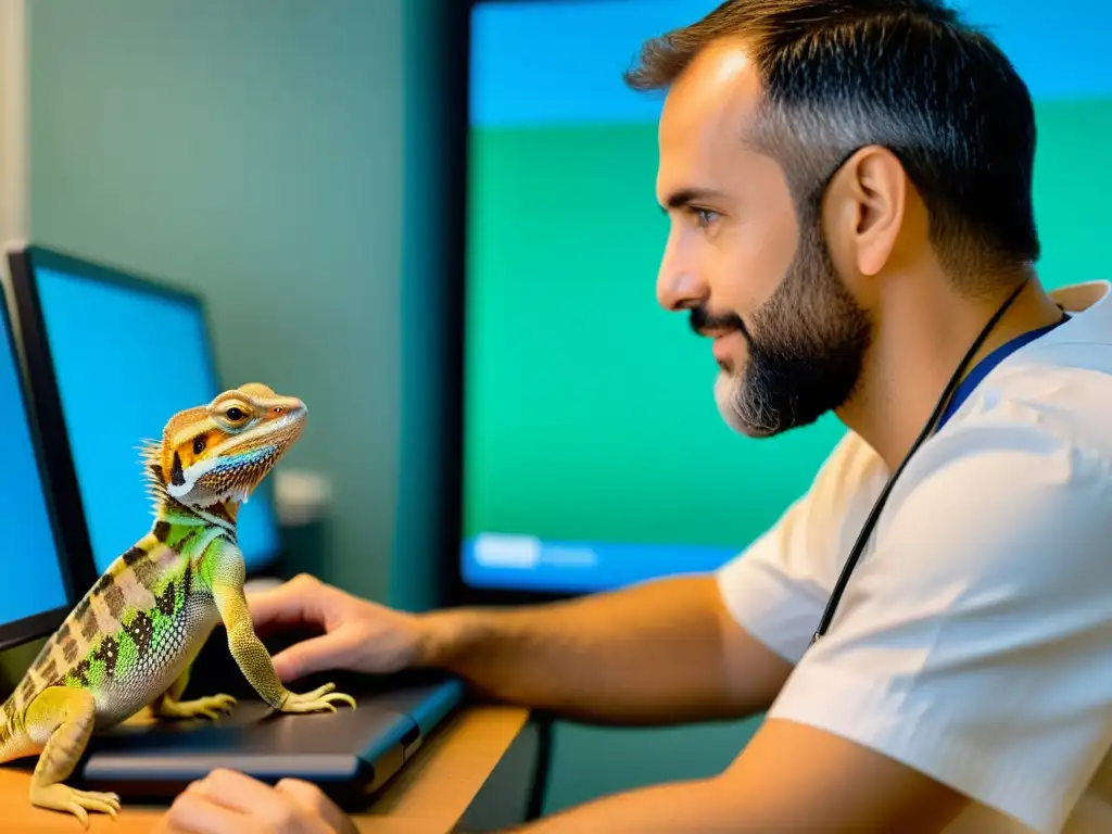 Veterinario en consulta de telemedicina para cuidado de reptiles, con dueño y un dragón barbudo, mostrando confianza y profesionalismo