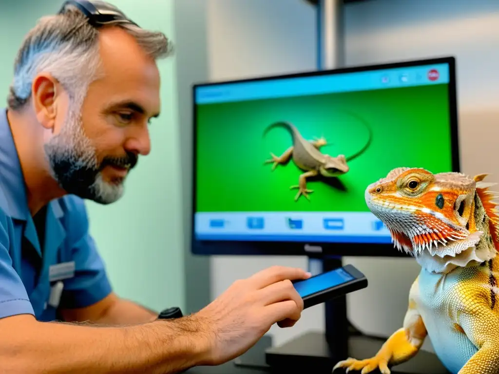 Un veterinario realiza una consulta de telemedicina con un propietario de reptiles, examinando a un dragón barbudo en un monitor