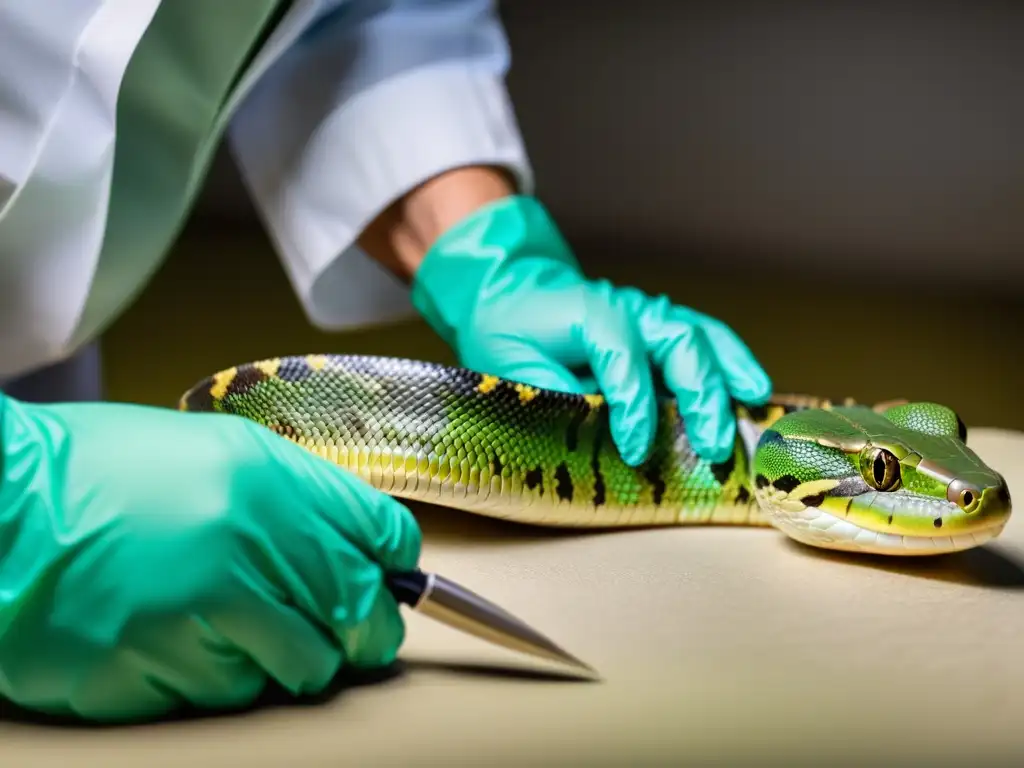 Veterinario tratando convulsiones en reptil, en clínica estéril, dos asistentes sujetan serpiente mientras se aplica tratamiento con precisión