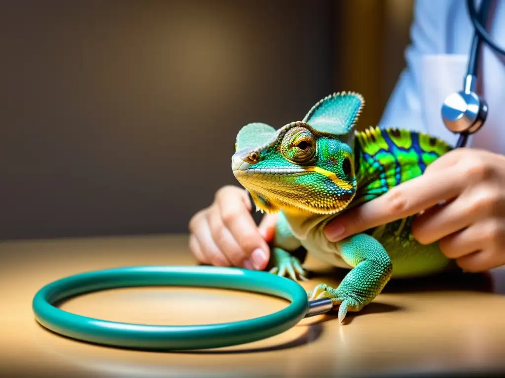 Un veterinario ausculta el corazón de un camaleón en una mesa de examen especializada bajo una cálida iluminación