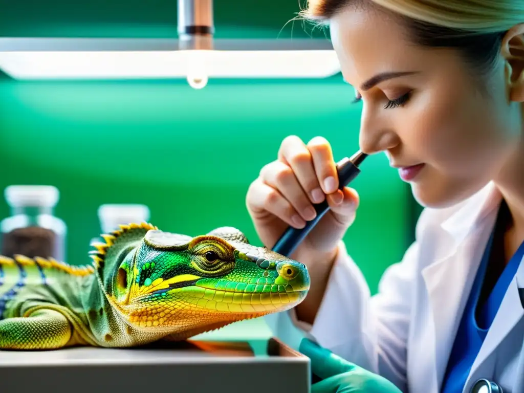 Un veterinario escucha el corazón de un reptil colorido con un estetoscopio en una sala de examen veterinario