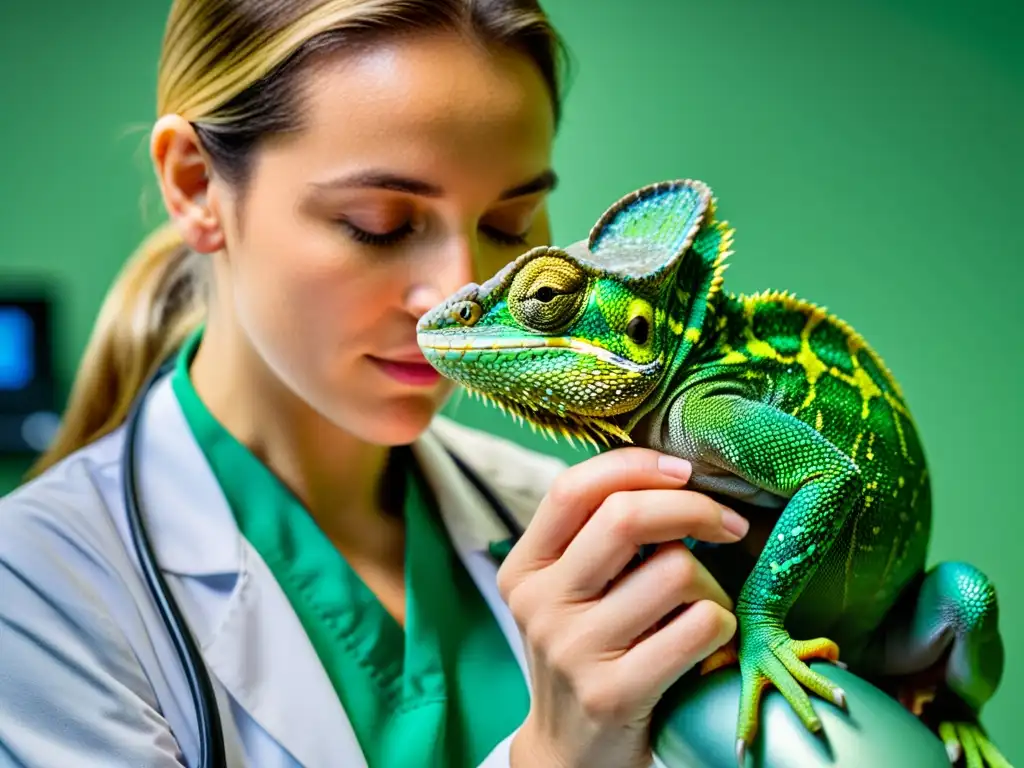 Un veterinario examina cuidadosamente el corazón de un reptil usando un estetoscopio