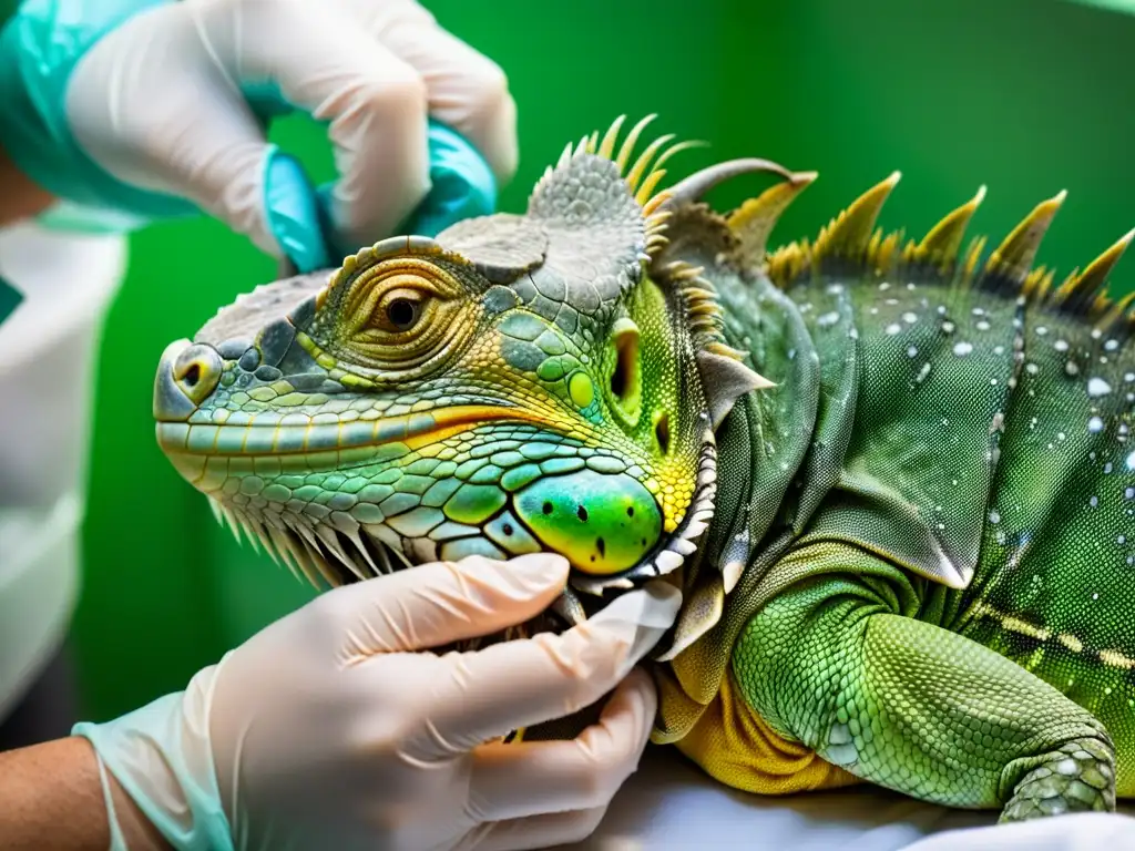 Veterinario trata con cuidado el absceso de un iguana verde en una mesa de examen médico