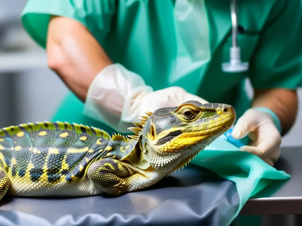 Veterinario tratando con cuidado absceso en reptil, mostrando dedicación y profesionalismo en conservación