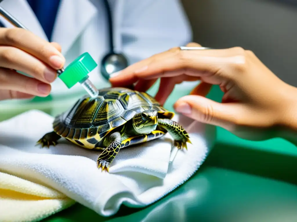 Un veterinario aplica con cuidado antibióticos a una pequeña tortuga acuática, tratando la neumonía bacteriana con profesionalismo y compasión