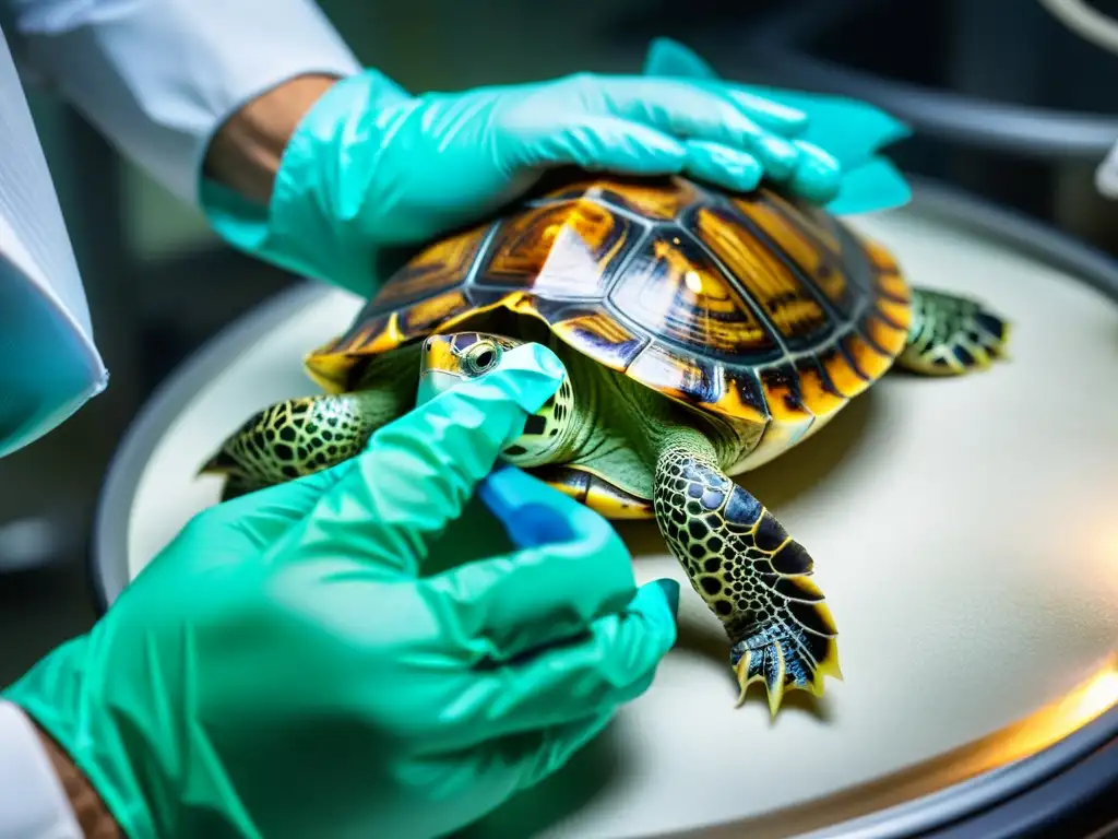 Un veterinario examina con cuidado el caparazón dañado de una tortuga, en una delicada cirugía de reparación