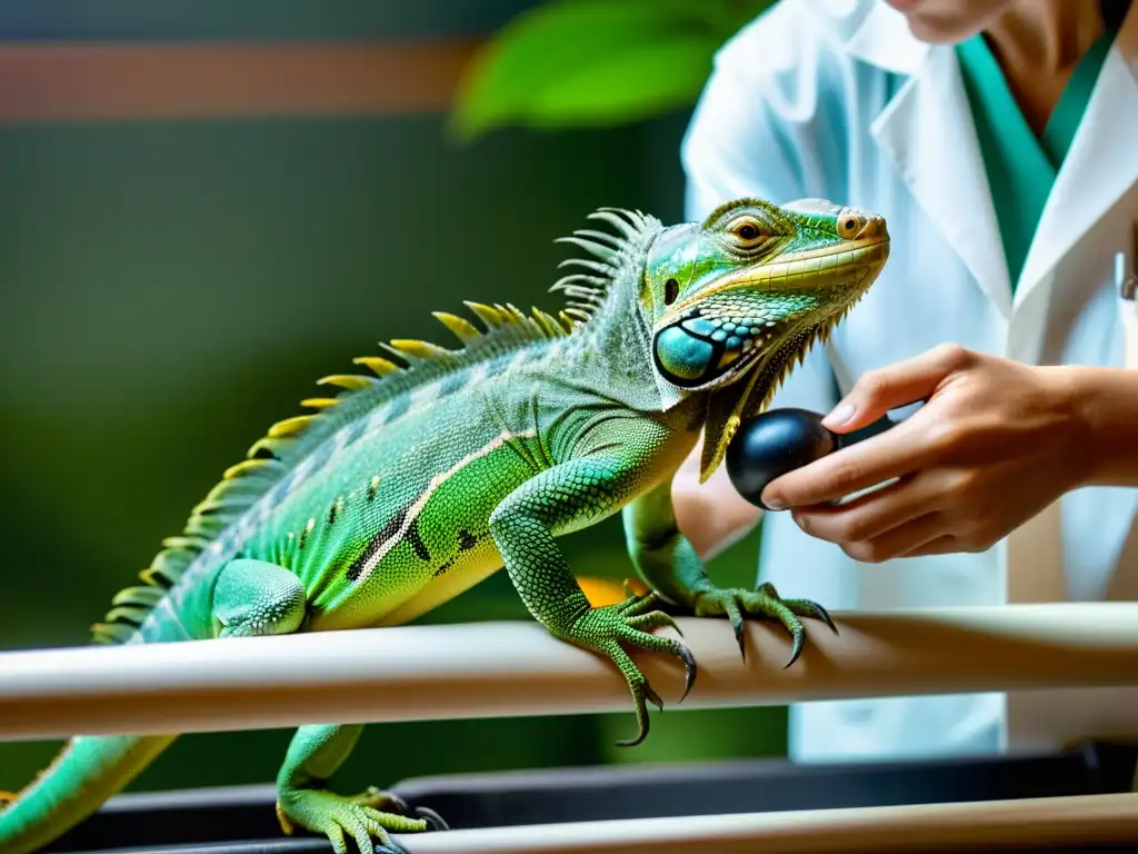 Un veterinario prepara con cuidado la comida de un reptil, mientras una iguana verde observa atentamente