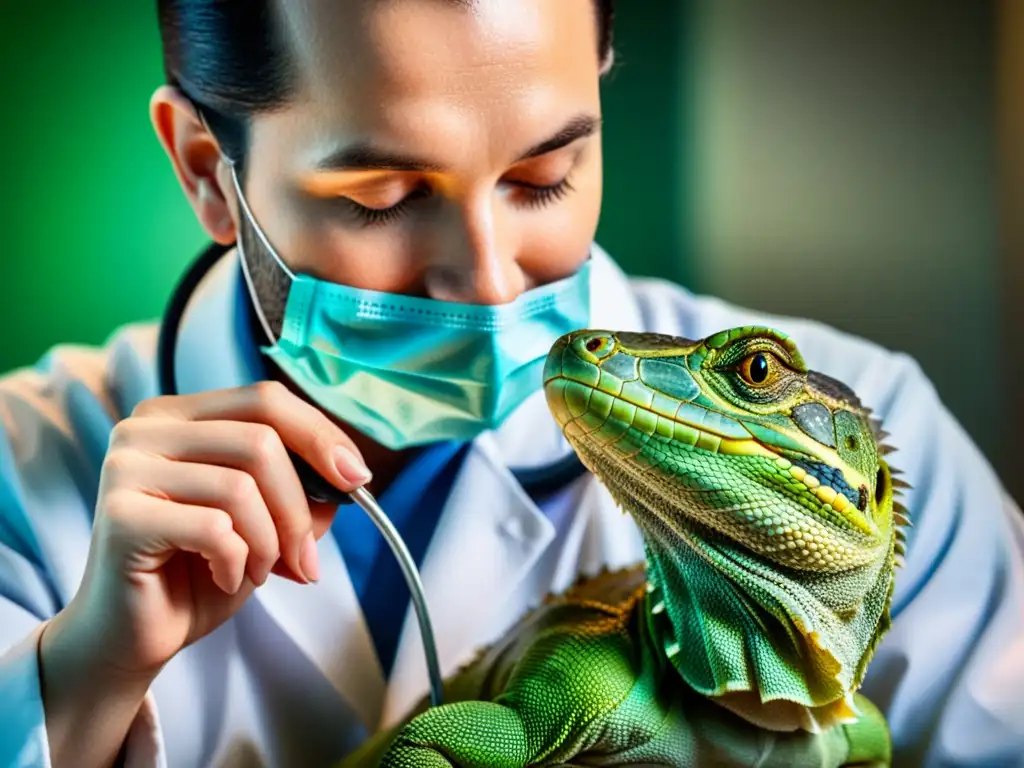 Un veterinario examina con cuidado el corazón de un reptil usando un estetoscopio, destacando la seriedad del tratamiento de enfermedades cardíacas en reptiles