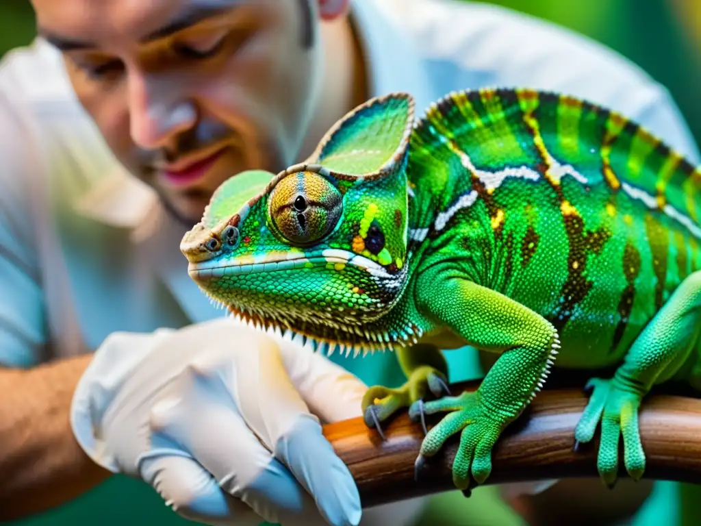 Un veterinario examina con cuidado las escamas de un camaleón verde en un terrario