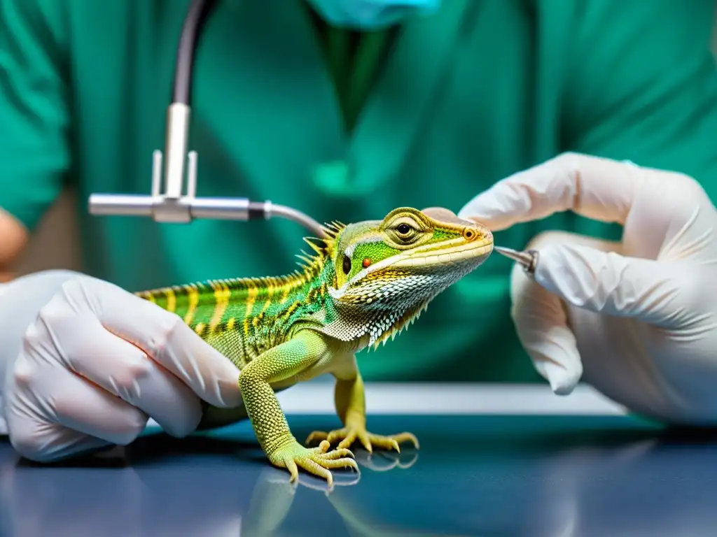 Un veterinario examina con cuidado la extremidad faltante de un lagarto herido, utilizando instrumentos delicados para brindar primeros auxilios