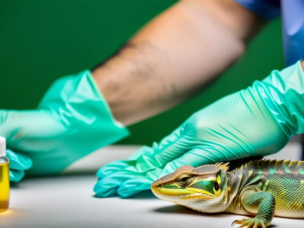 Un veterinario trata con cuidado una herida en la piel de un reptil, mostrando la precisión del tratamiento de heridas en reptiles