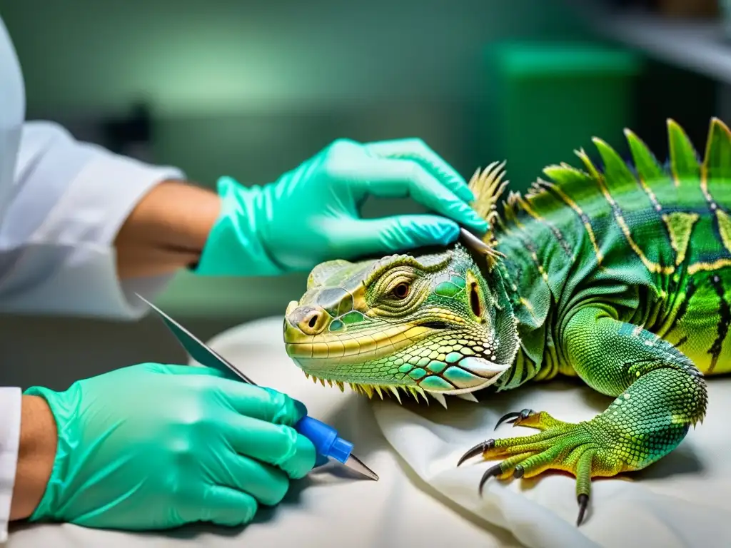 Veterinario trata con cuidado la herida quirúrgica de un reptil, mostrando Tratamientos quirúrgicos infecciones cutáneas reptiles