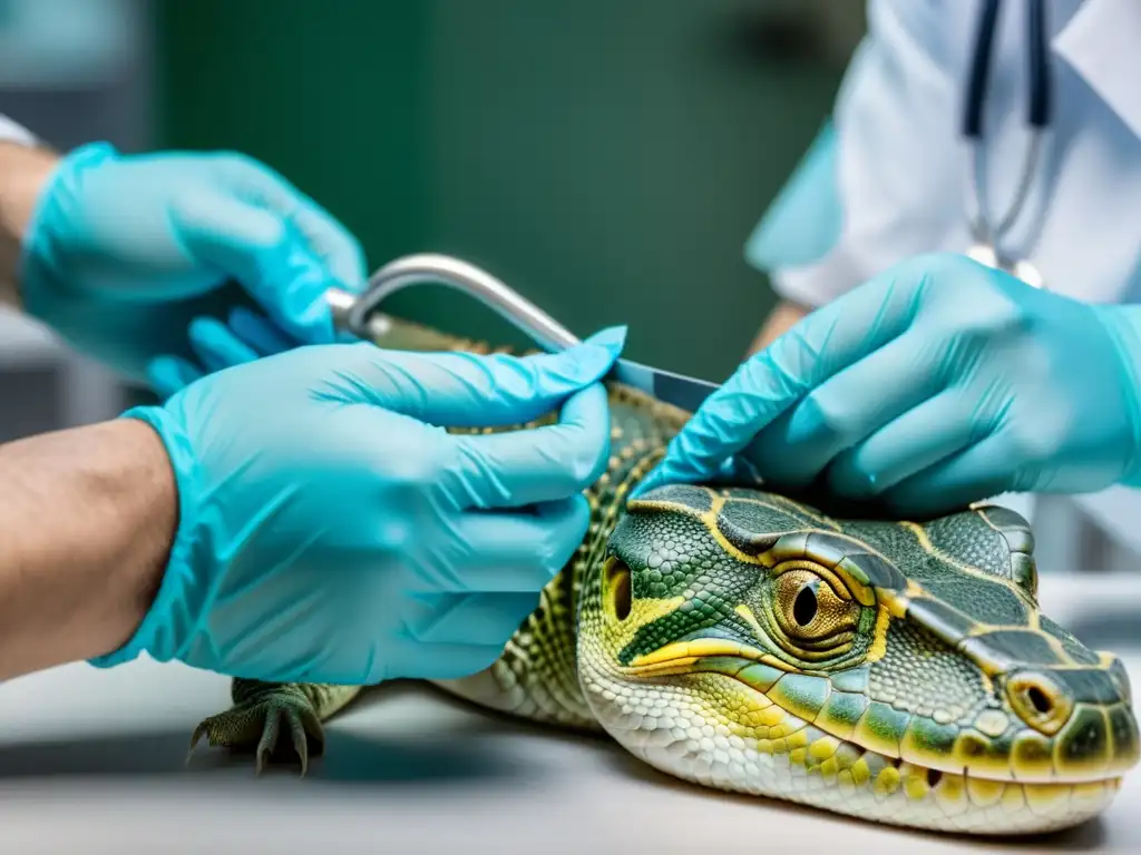 Un veterinario trata con cuidado una herida en un reptil, mostrando profesionalismo y calma