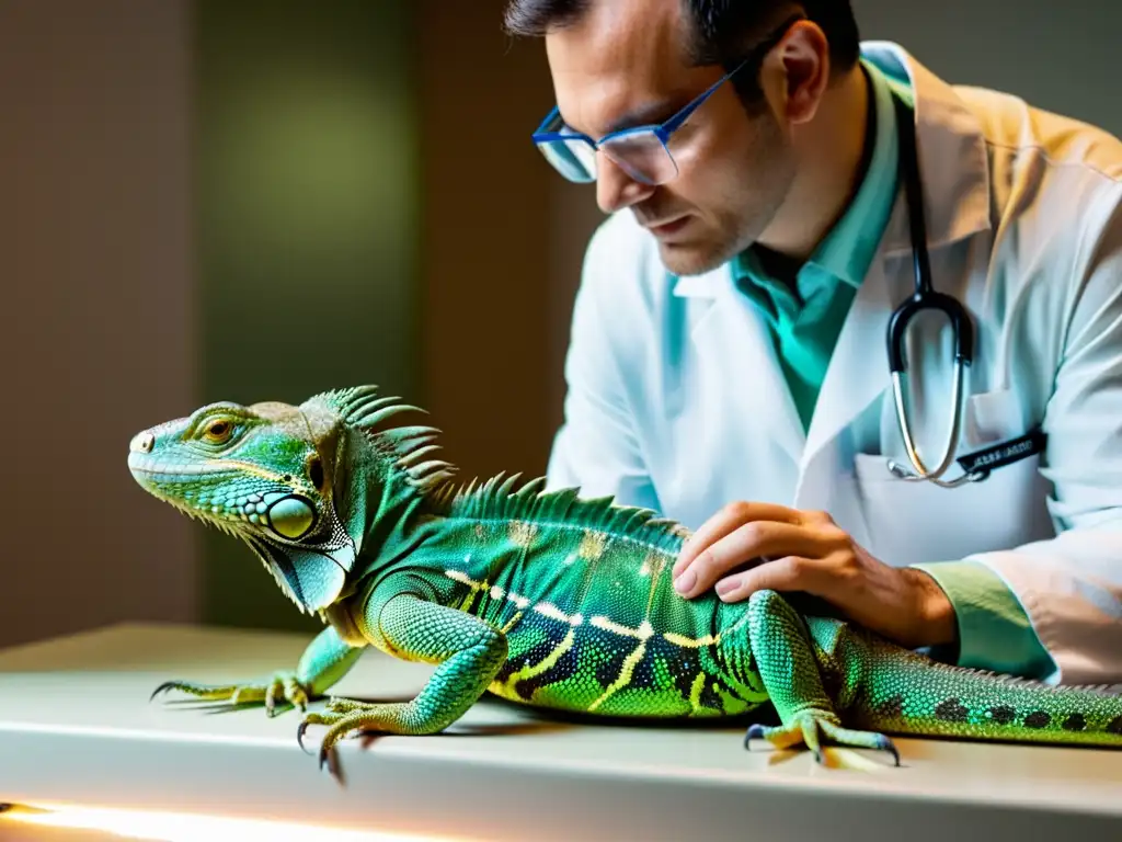 Un veterinario examina con cuidado a un iguana verde en una clínica veterinaria bien equipada