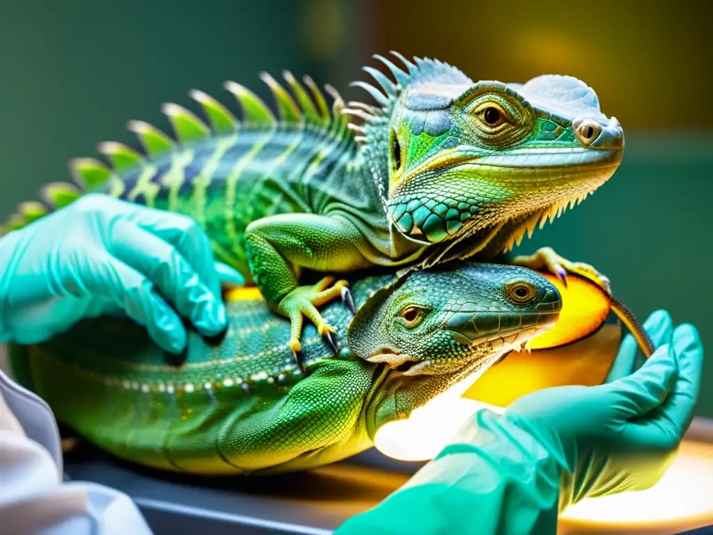 Un veterinario realiza con cuidado la implantación ortopédica en una pata de iguana, con atención y tecnología avanzada