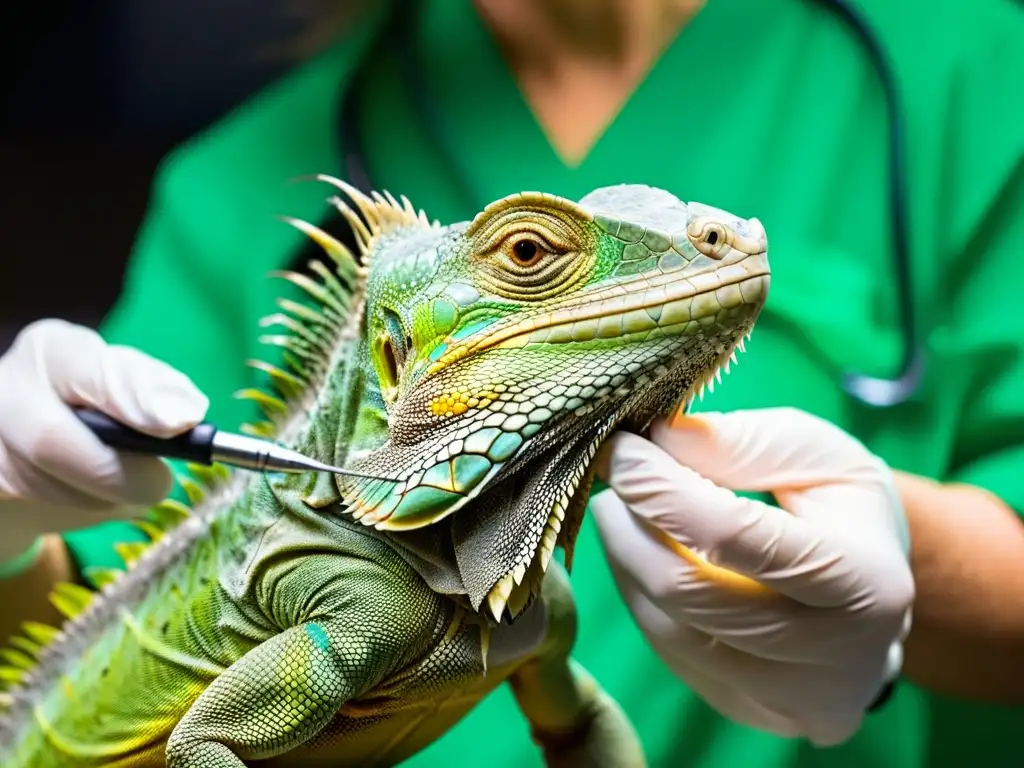 Un veterinario examina con cuidado la incisión quirúrgica en una iguana, mientras un asistente la sostiene con calma