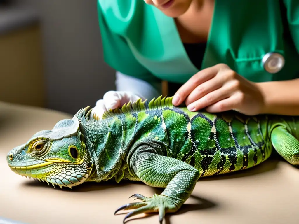 Un veterinario examina con cuidado la pata lesionada de una iguana verde, realizando primeros auxilios para reptiles heridos con precisión y calma