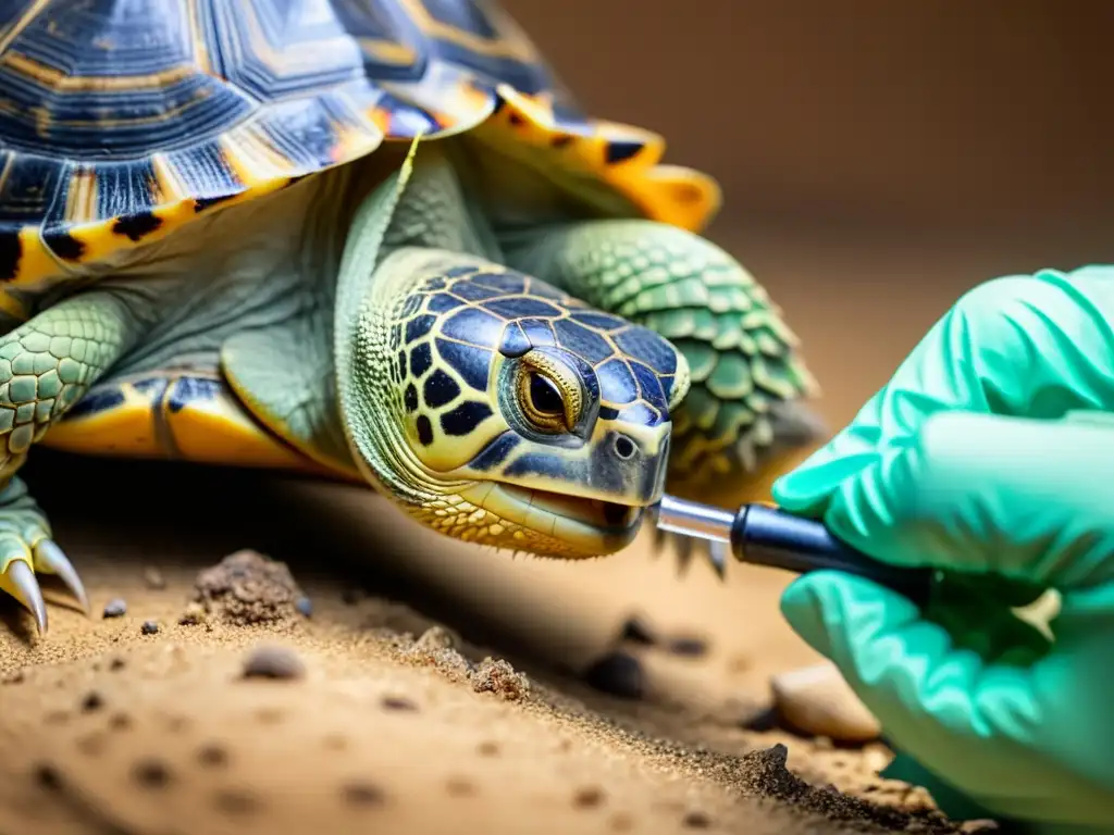 Veterinario examinando con cuidado las patas de una tortuga, prevención de cojera en reptiles, cuidados meticulosos y atención a detalle