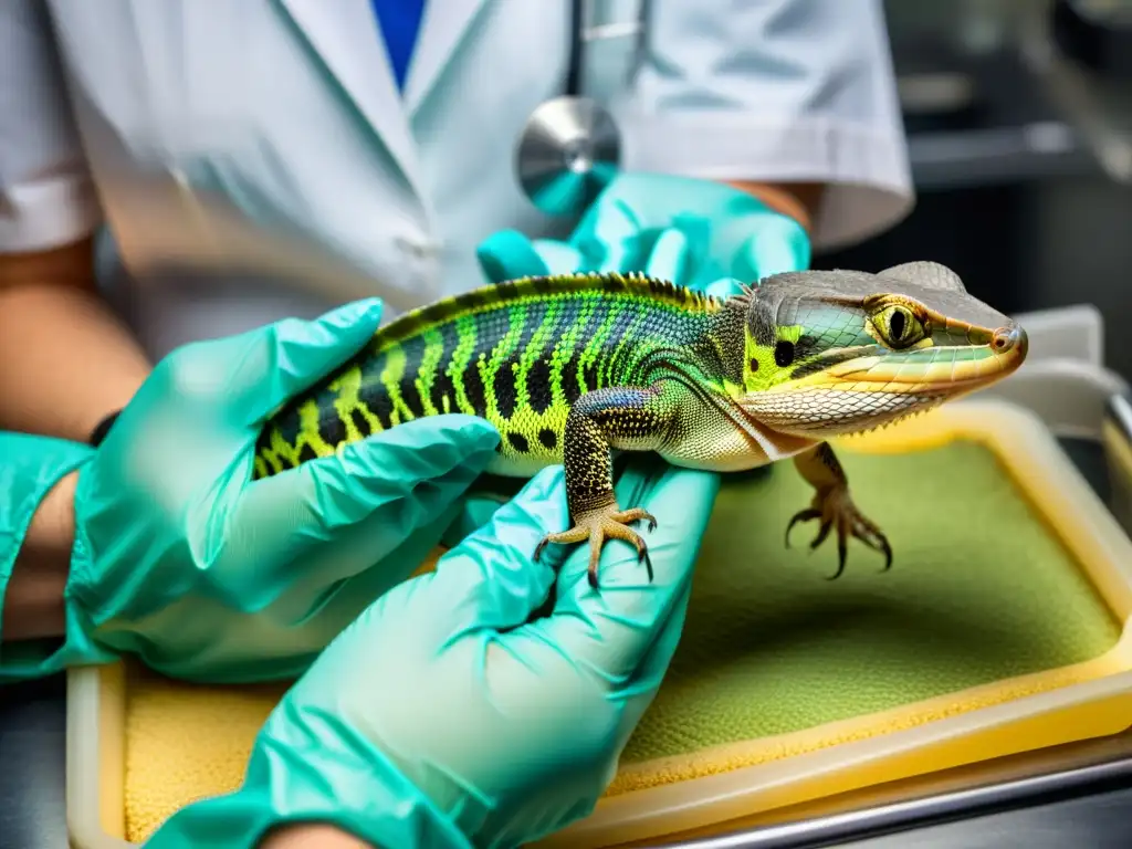 Un veterinario sostiene con cuidado un pequeño reptil, realizando una revisión postoperatoria