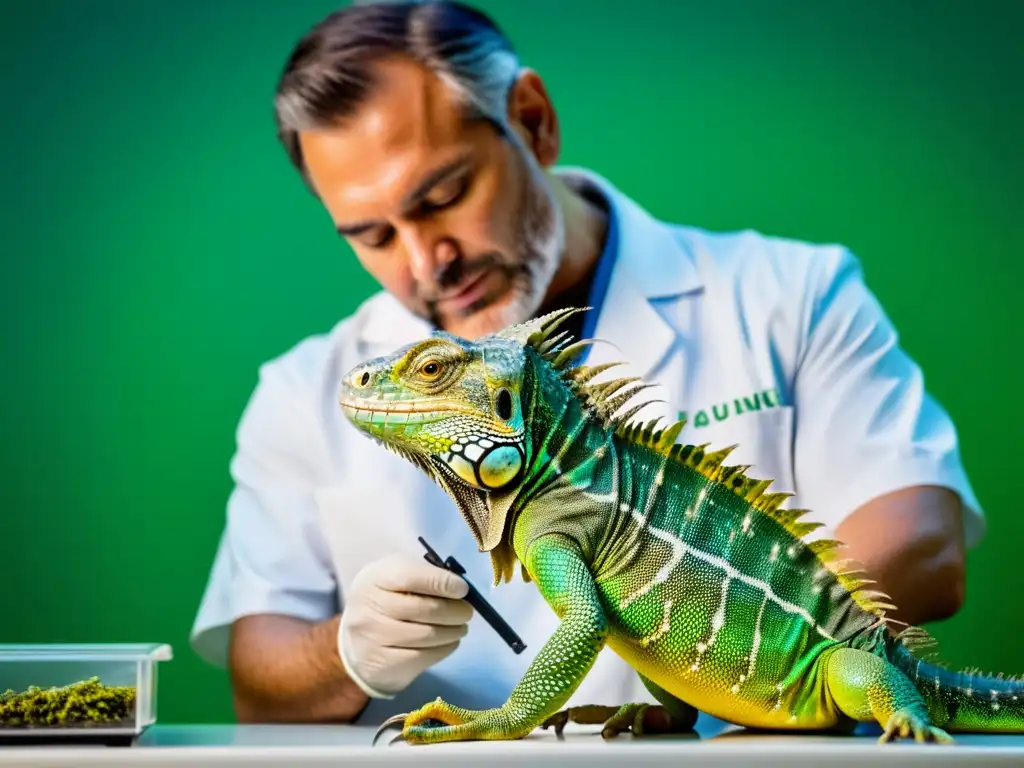 Un veterinario examina con cuidado la piel de una iguana verde, demostrando precisión y empatía en un entorno clínico moderno